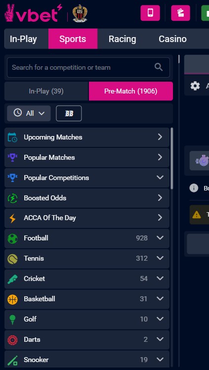 VBET Casino Sports Markets