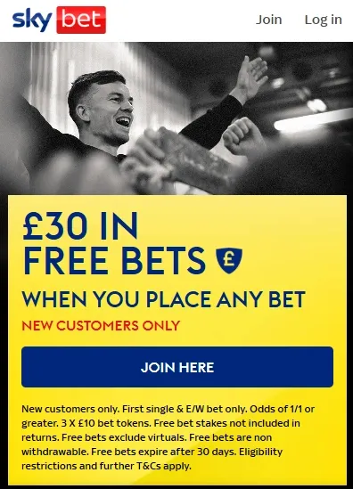 skybet sign up offer for new uk customers: bet any amount, get £30 free bets