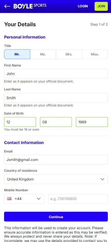 Boylesports login & registration