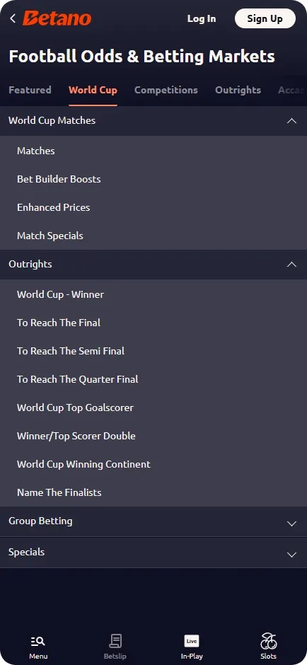 Betano World Cup betting menu showing outright markets including Winning Continent, and Bet Builder Boosts sub-tab
