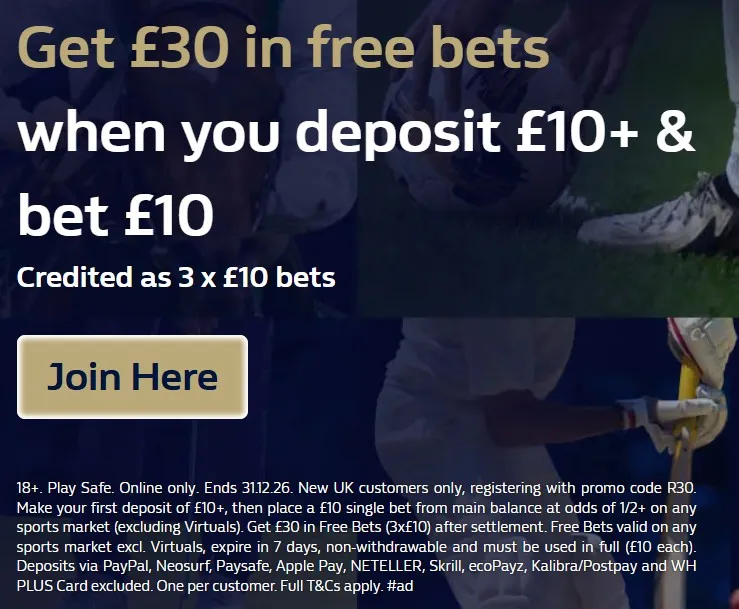 william hill sign up offer: bet £10 get £30 in free bets