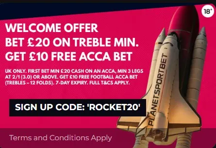 Planet sport bet promo code: Get 10£ free acca bet