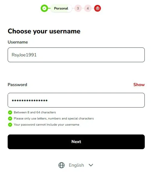 virgin gasmes registration process: choose username and password