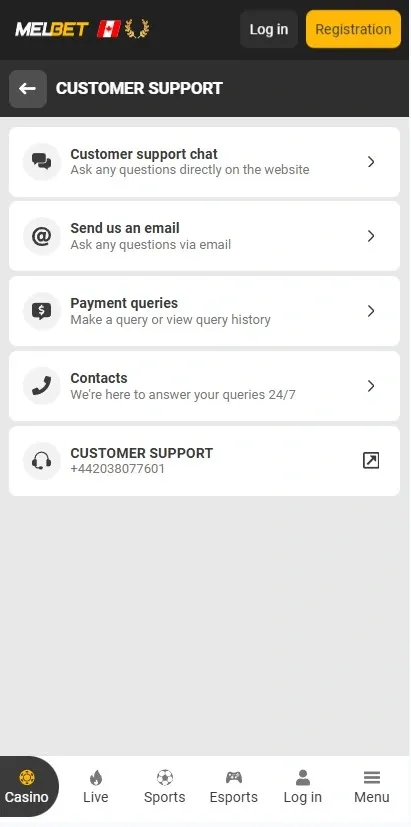 Melbet customer support options, mobile screenshot