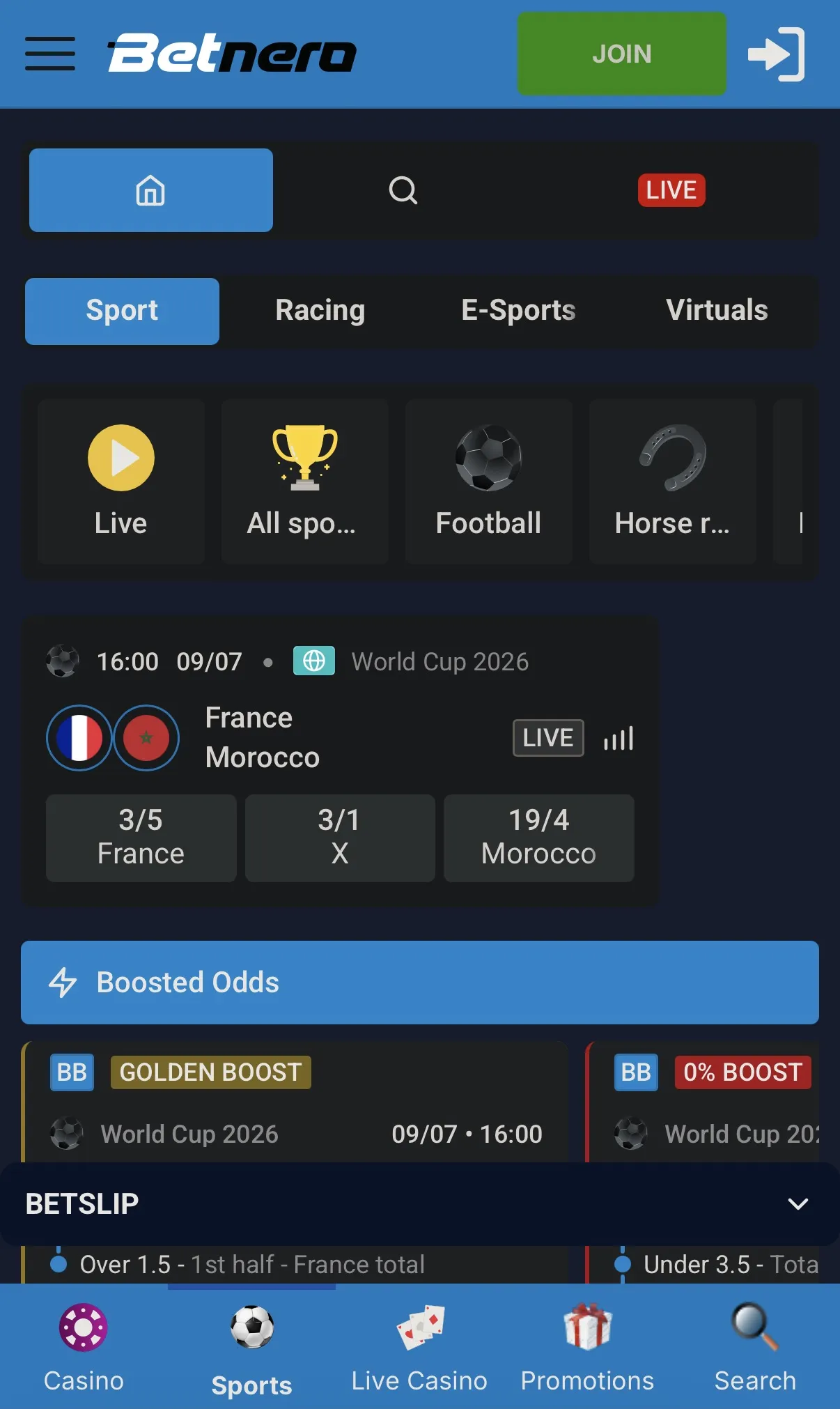 Betnero Mobile Site
