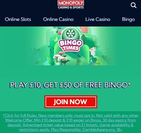 monopoly bingo online welcome offer: deposit 10 get 50 in bingo bonus