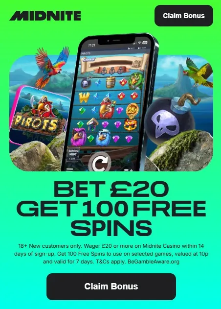 Midnite casino welcome offer: Bet £20, get 100 free spins