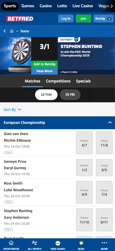 betfred darts odds