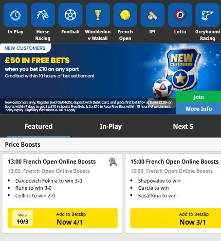 Betfred sports £50 free bets welcome offer