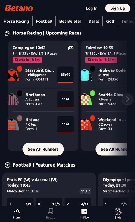 Betano mobile site showing upcoming horse races and featured football matches