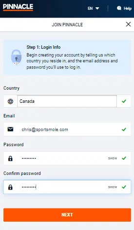 How to create an account with the Pinnacle promo code PINNBET - Step 1