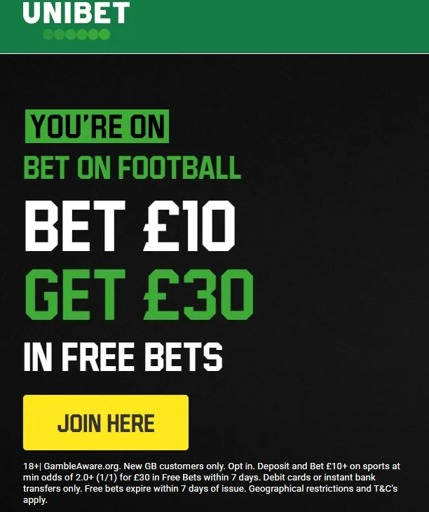 Unibet £30 free bets promo on football