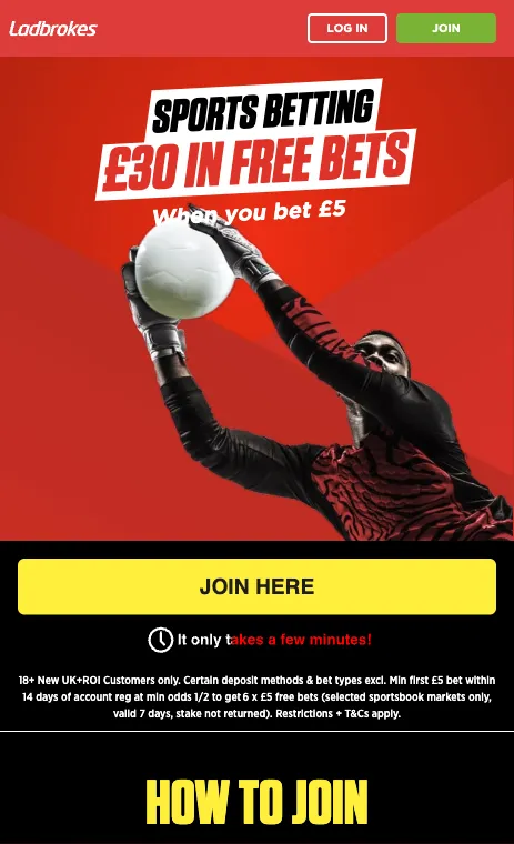 Ladbrokes mobile offer page: £30 in free bets when you bet £5