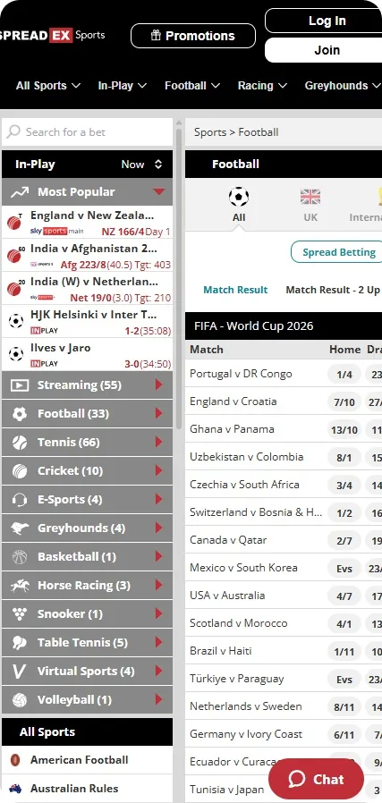SpreadEx Sports football lobby showing World Cup 2026 fixtures with fixed-odds prices and a Spread Betting toggle