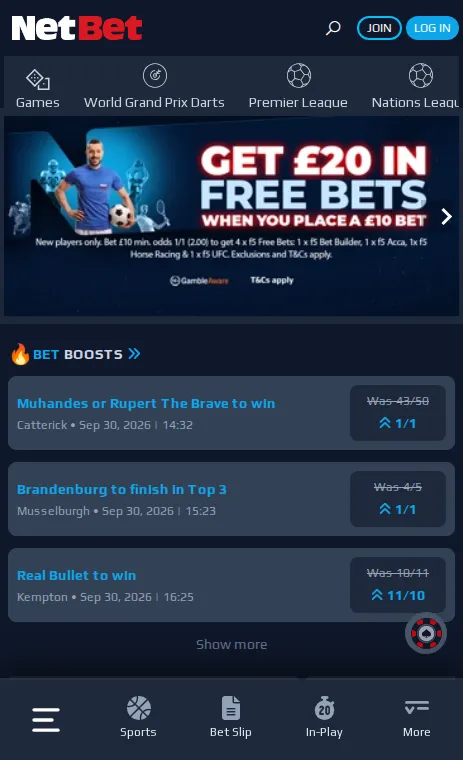NetBet mobile site showing its get £20 in free bets welcome offer