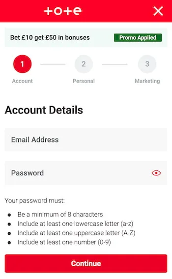 Tote sign up page and bonus offer