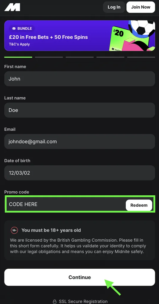 Midnite sign up offer
