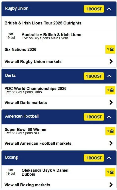 Sky Bet available sports and markets