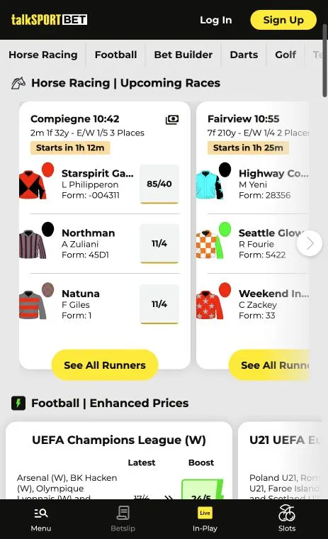talkSPORT BET mobile site with upcoming horse races and enhanced football prices