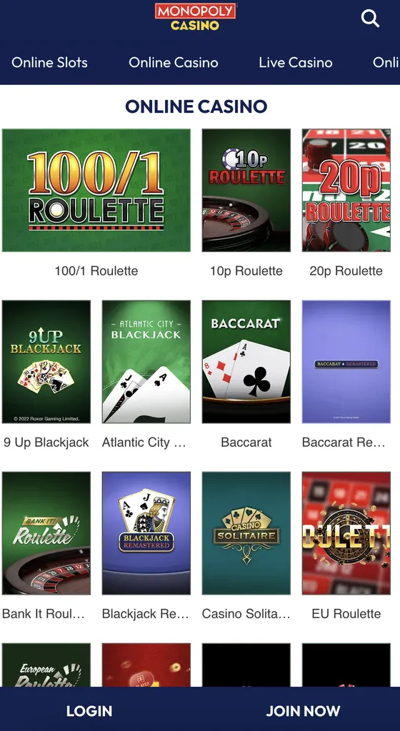 Interfaz de usuario de Monopoly Casino mostrando la selección de tragamonedas y el saldo.