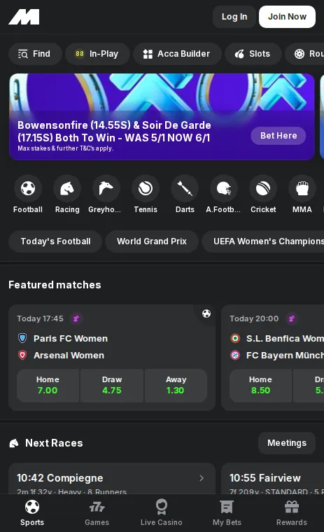 Midnite sportsbook home screen on mobile with featured football matches