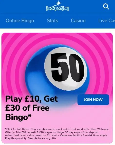 jackpotjoy bingo welcome offer: Play £10, get £30 of free bingo
