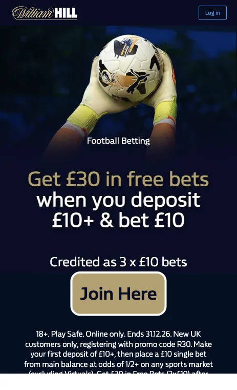 William Hill mobile sign up page: get £30 in free bets when you deposit £10 and bet £10