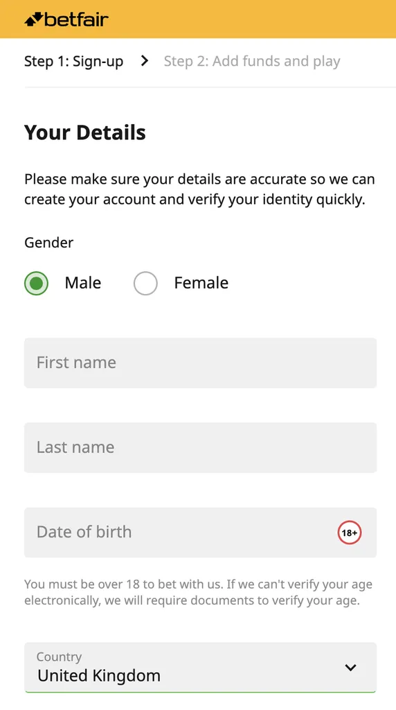 Betfair sign up process