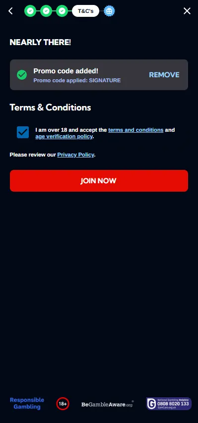 Monopoly Casino final registration step with optional promo code field