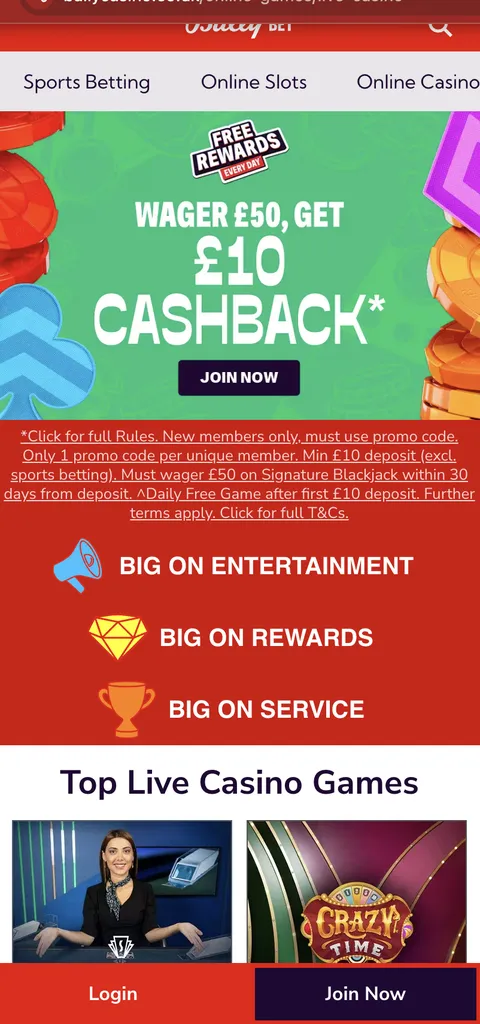 Bally bet live casino bonus: £10 cashback after wagering £50 