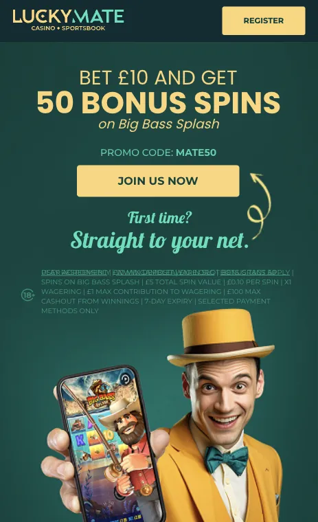 LuckyMate Casino welcome offer of 50 bonus spins