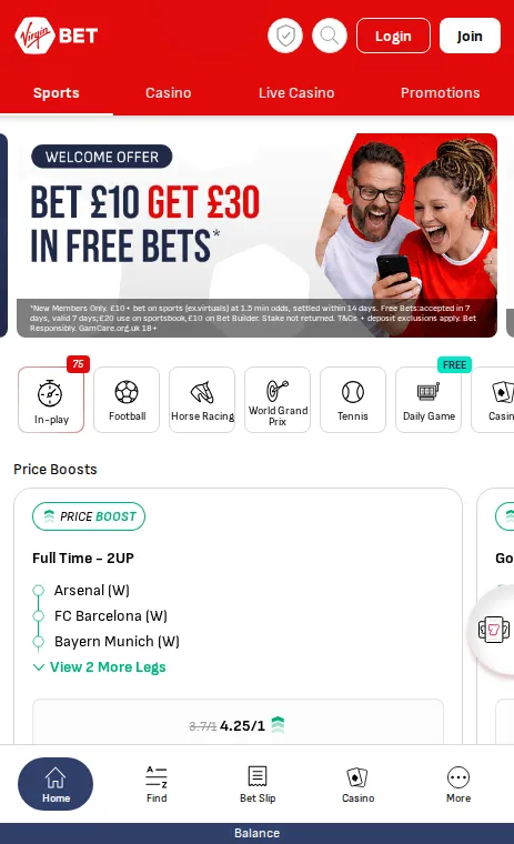 Virgin Bet mobile site showing its bet £10, get £30 in free bets welcome offer
