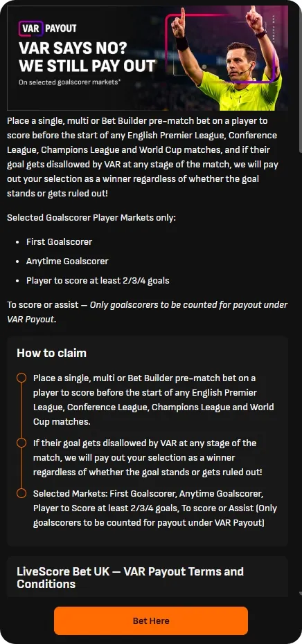 LiveScore Bet VAR Payout terms: goalscorer bets paid as winners even if the goal is disallowed by VAR, covering World Cup