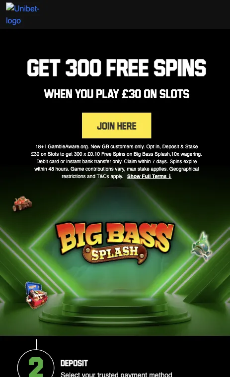 Unibet Casino welcome offer of 300 free spins
