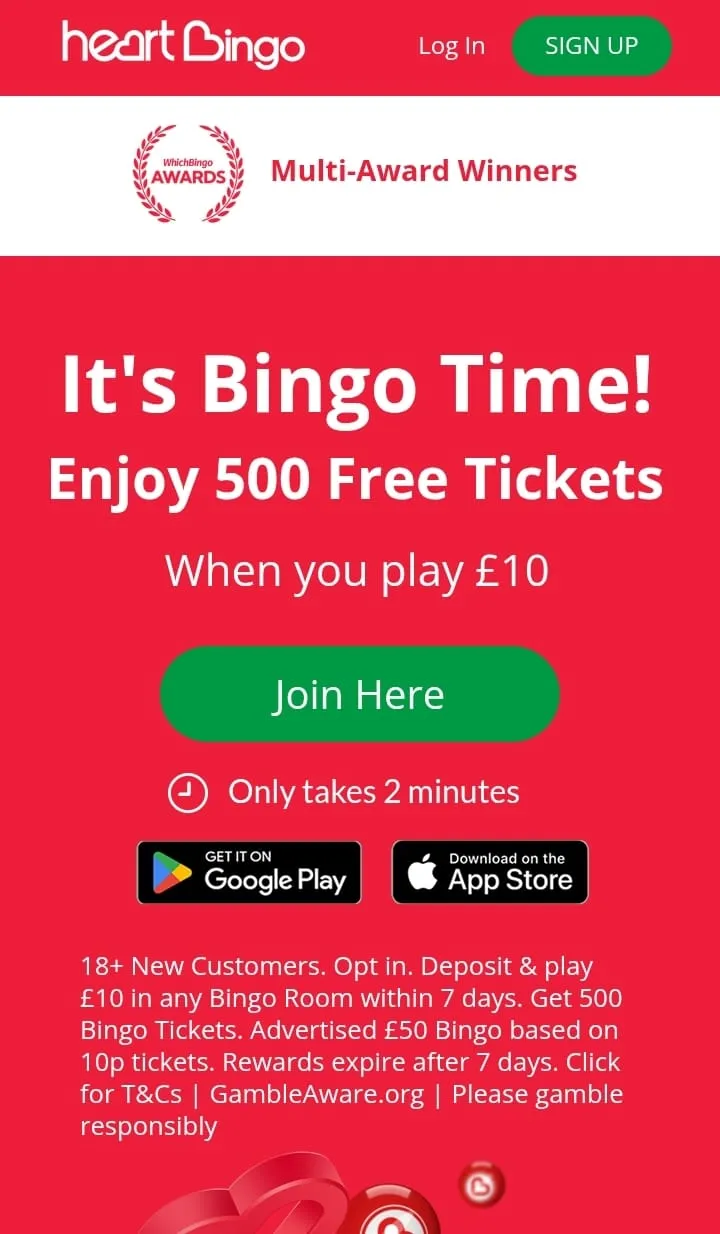 heart bingo welcome offer: get 500 free tickets (£50 bingo bonus) when you play £10