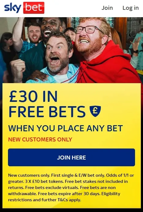 Sky Bet standard sports betting offer - £30 free bets