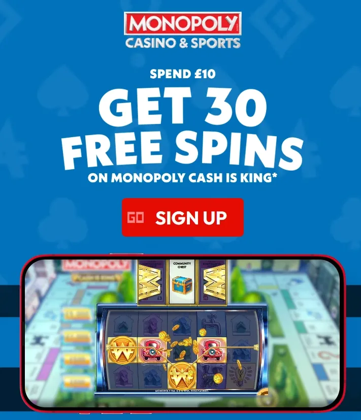 monopoly casino welcome offer: get 30 free spins when you spend £10