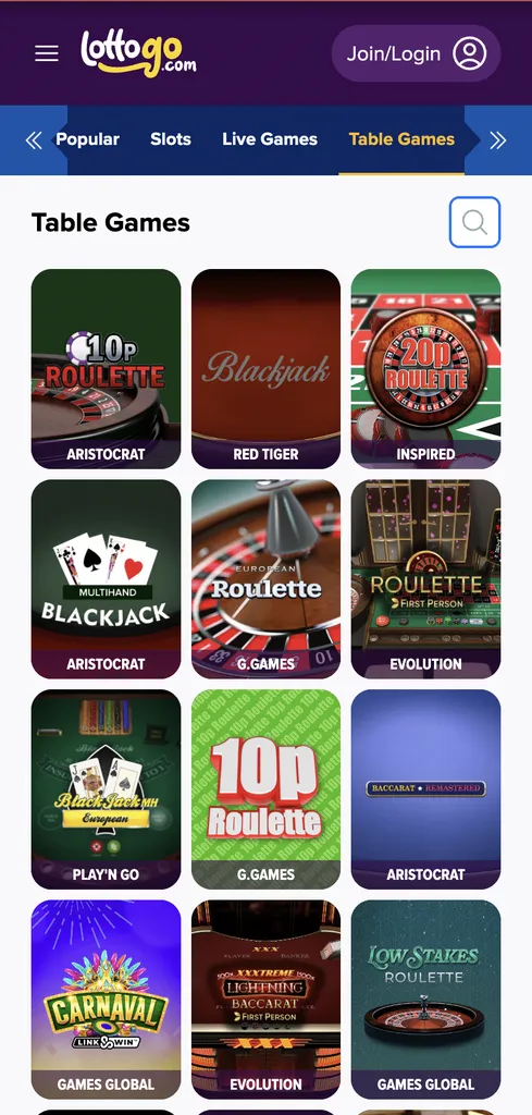 lottogo casino uk table games