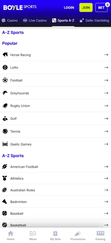 Boylesports A-Z sports