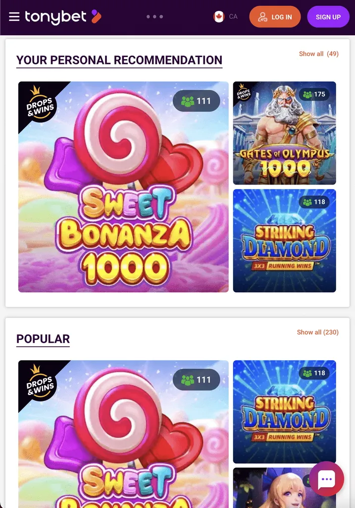 Screenshot of TonyBet casino