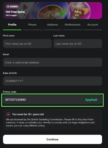 midnite casino promo code and sign-up form