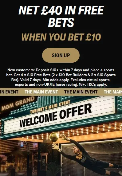 betmgmg welcome offer: bet £10 get £40 in free bets