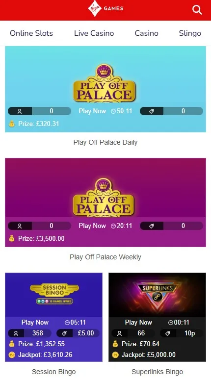Virgin bingo games Superlinks room, session room and play off palace daily and weekly