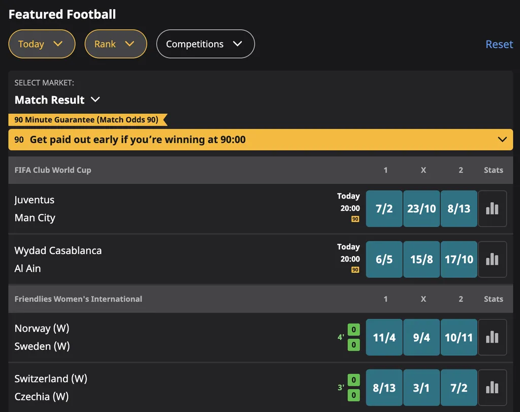 Featured football matches to bet on at Betfair sportsbook.