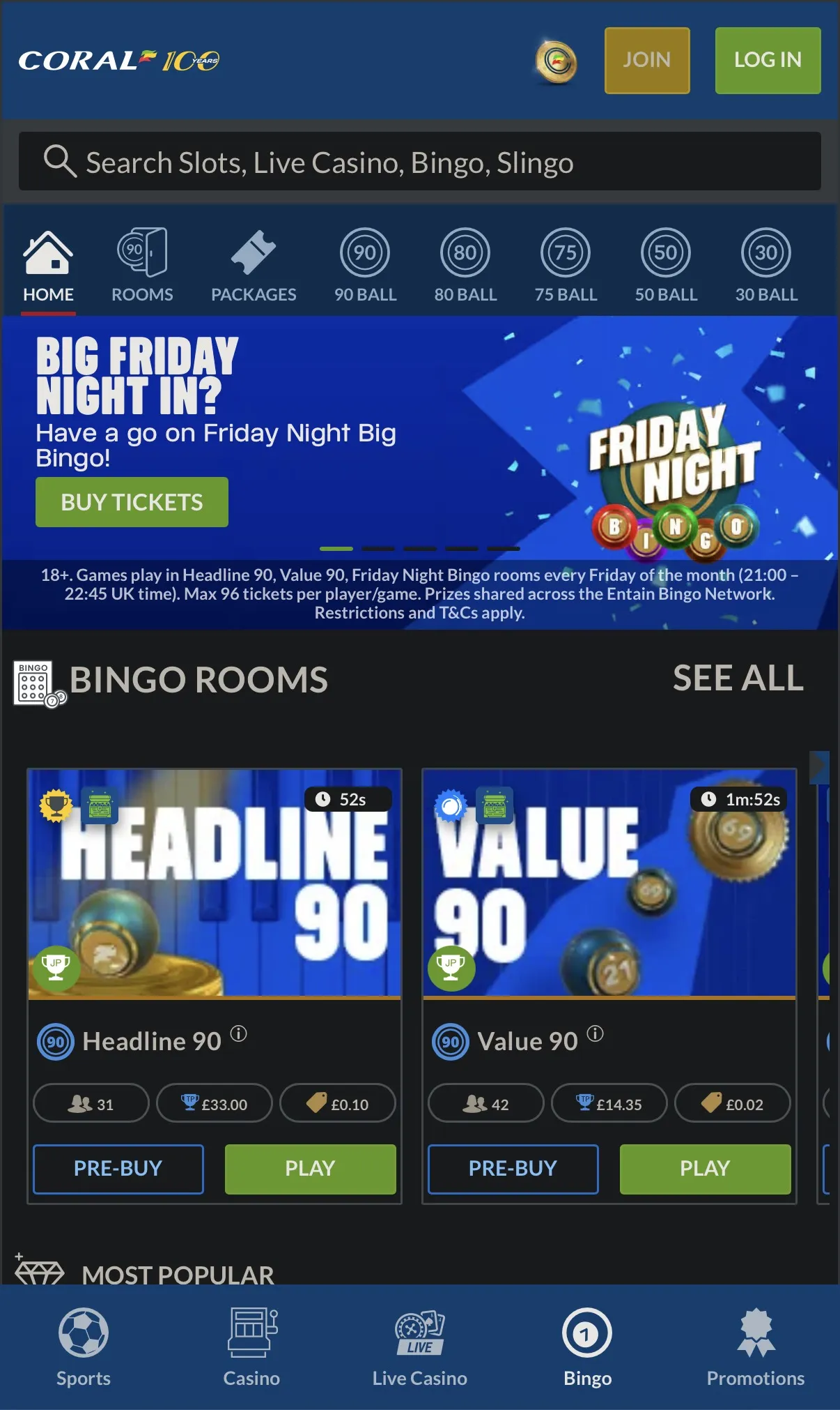 Coral bingo home screen