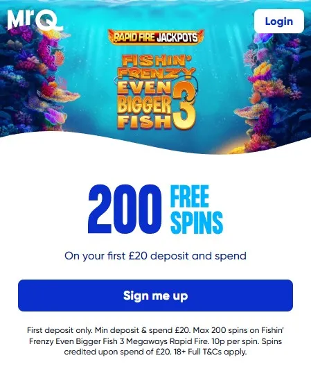 mrq promo 200 free spins sign up offer when you play £20