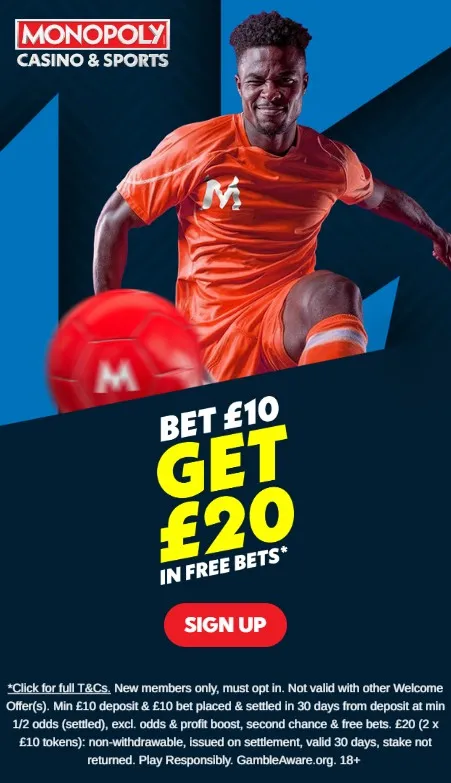 monopoly sportsbook sign up offer: bet 10 get 20 in free bets