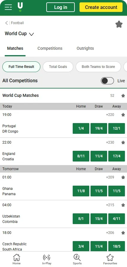 Unibet World Cup fixture list showing 200+ markets per match with Full Time Result, Total Goals and Both Teams to Score filters