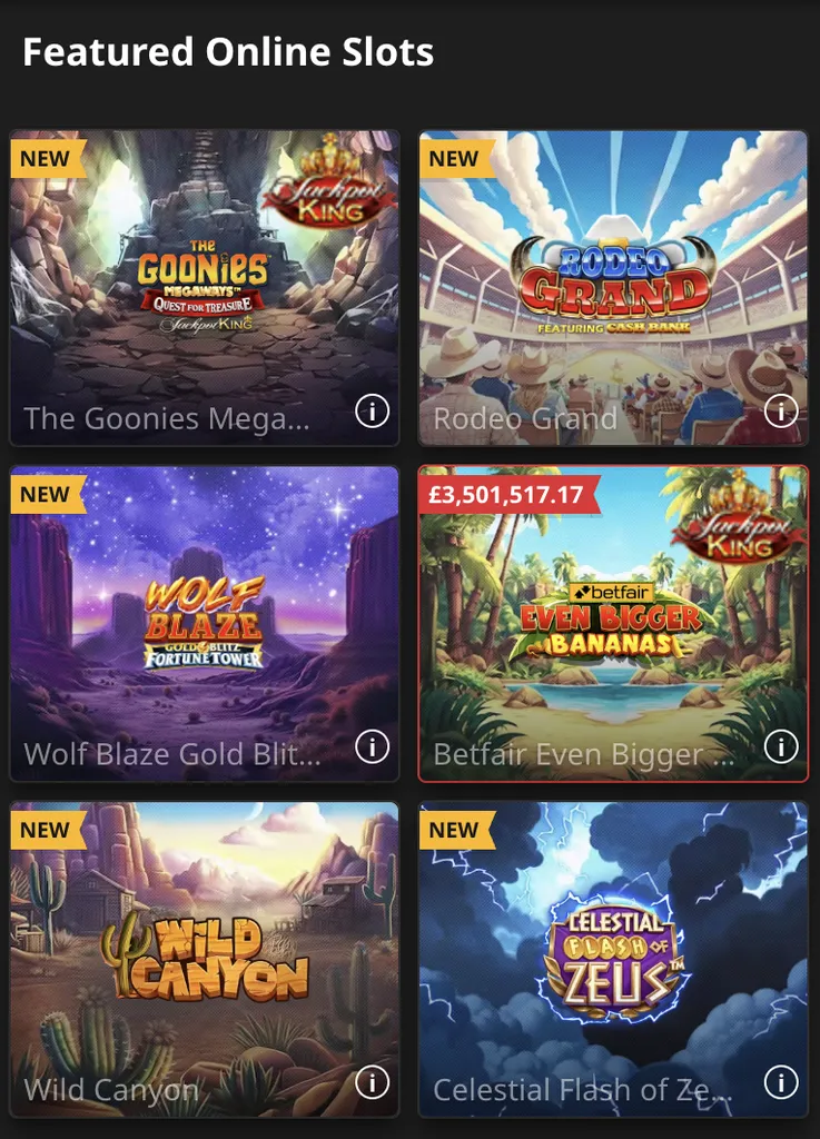 Featured slot games at Betfair casino