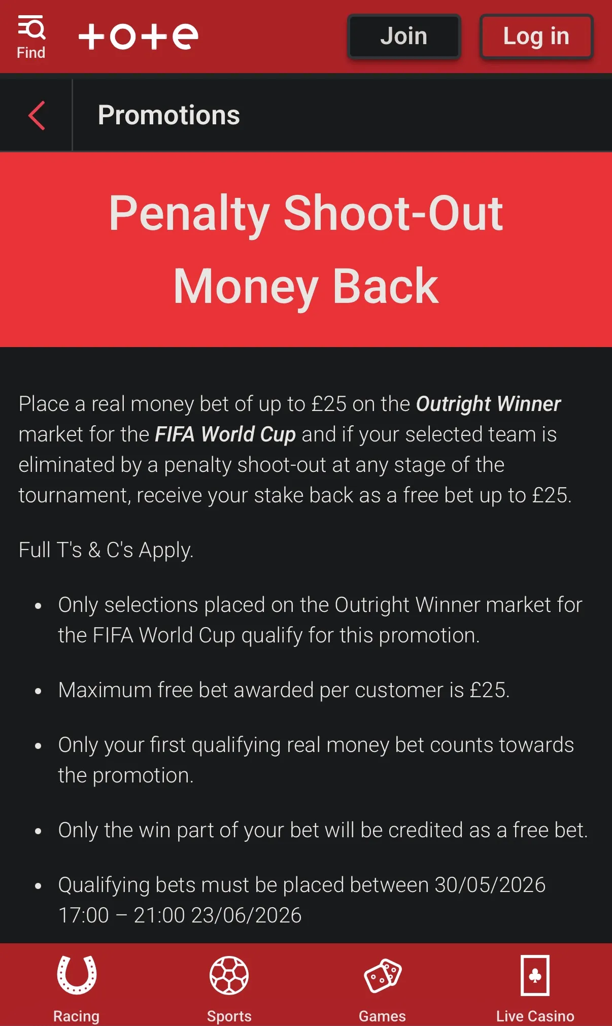 Tote World Cup penalty promo